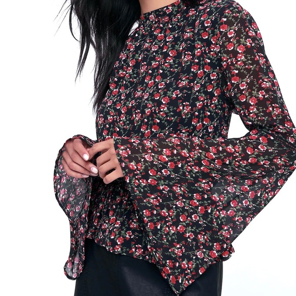 Lulus Boho Blouse Bell Sleeve with Crochet Lace Details Peplum Style High Neck - Picture 6 of 14